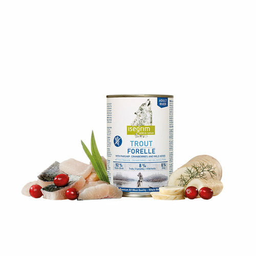 Isegrim Nassfutter Forelle 400 g – Dose mit Forellenfilet, Pastinake und Cranberries
