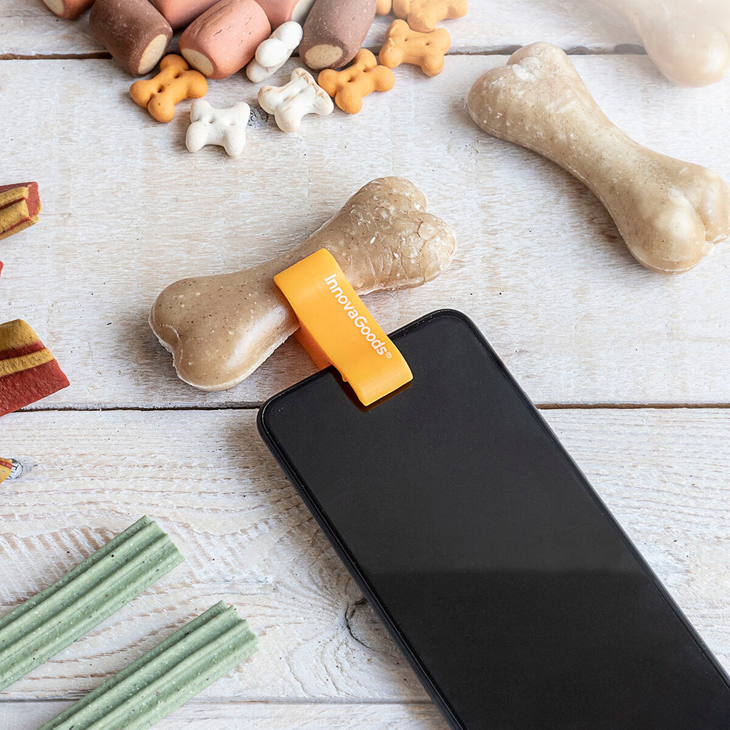 Smartphone mit Haustier-Selfie-Clip und Leckerli zur Aufmerksamkeit des Hundes